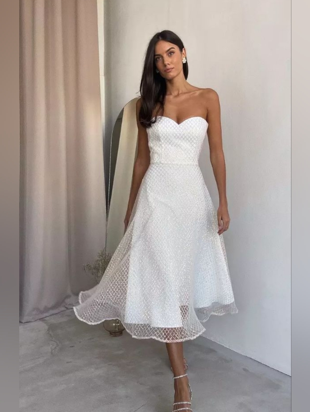 Elegant Strapless Midi Dress by Postmeridium – Size S